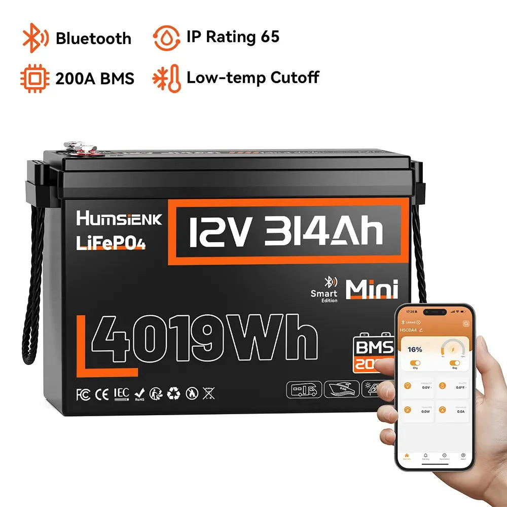 Humsienk 12V 314Ah Mini LiFePO4 Battery with 200A BMS, 4kWh Power for Solar & Home Backup
