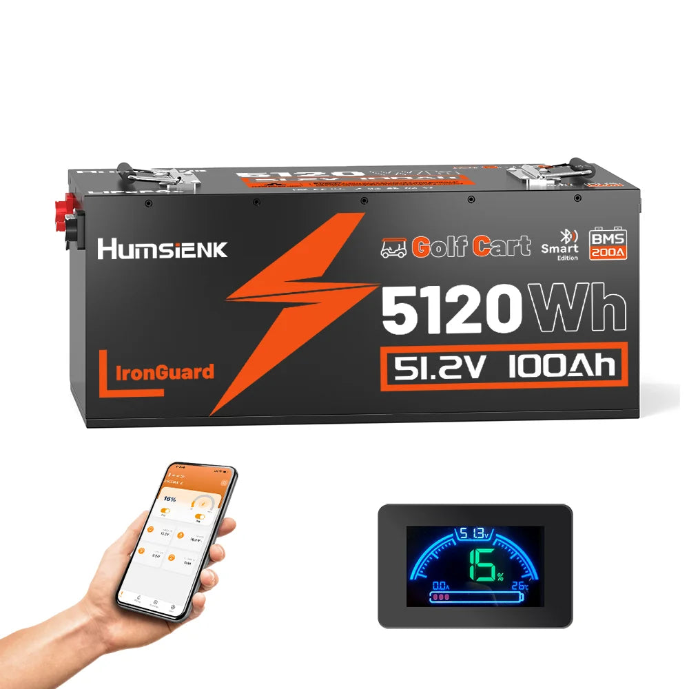 Humsienk - 48V (51.2V) 100Ah - 5.12KWh - Golf Cart Bluetooth LiFePO4 Battery with 200A BMS V2