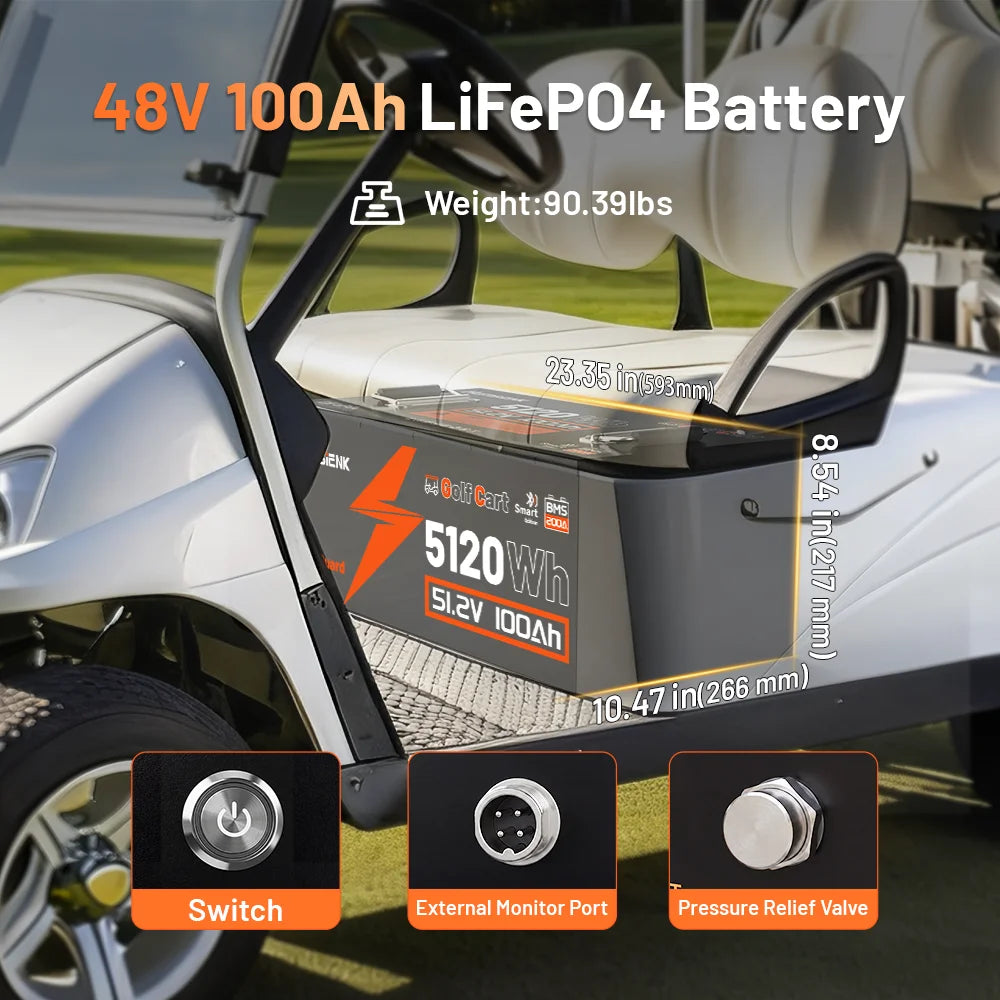 Humsienk - 48V (51.2V) 100Ah - 5.12KWh - Golf Cart Bluetooth LiFePO4 Battery with 200A BMS V2