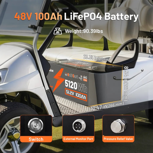 Humsienk - 48V (51.2V) 100Ah - 5.12KWh - Golf Cart Bluetooth LiFePO4 Battery with 200A BMS V2