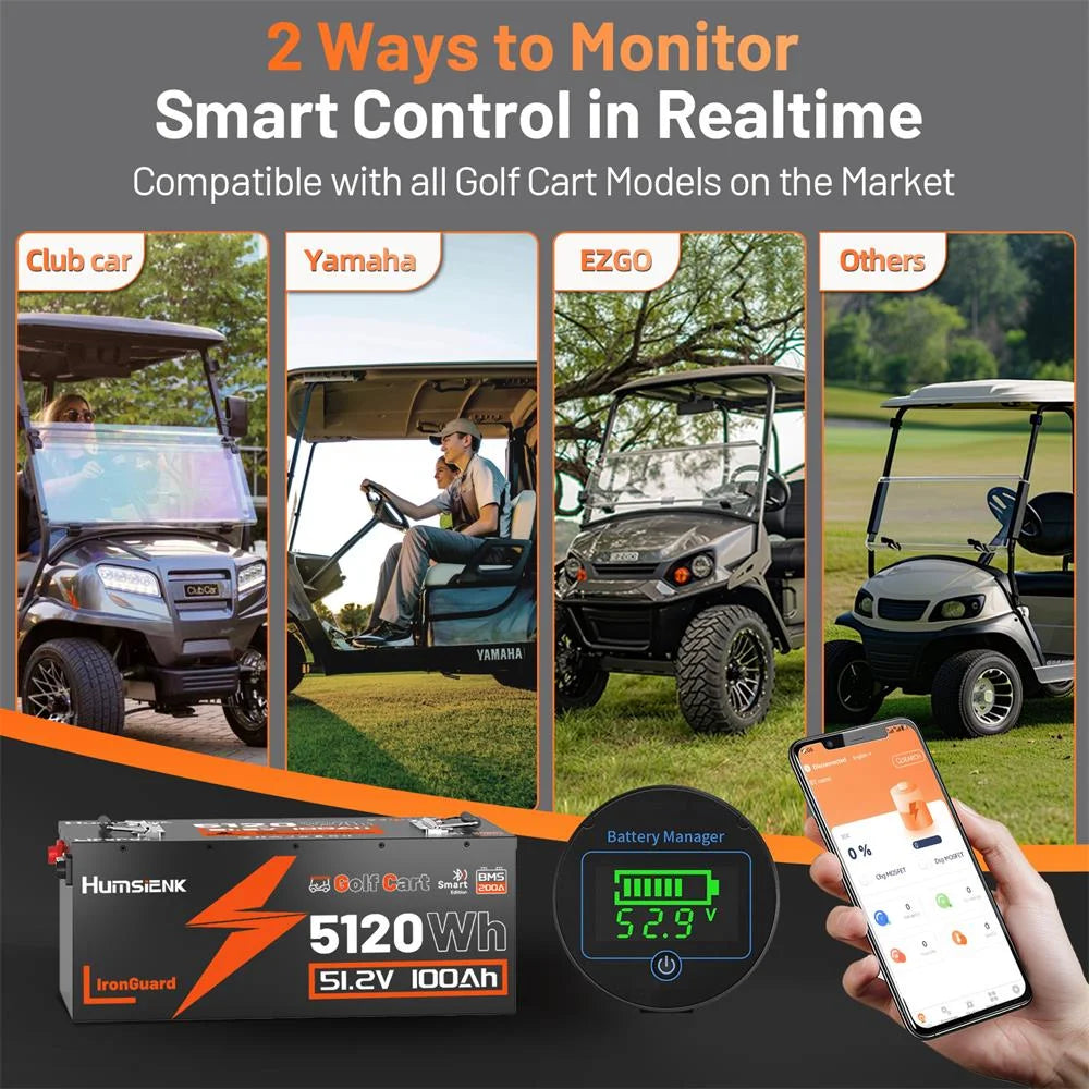 Humsienk - 48V (51.2V) 100Ah - 5.12KWh - Golf Cart Bluetooth LiFePO4 Battery with 200A BMS V2