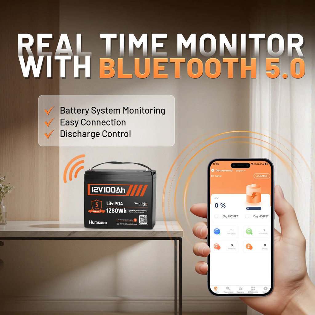 Humsienk 12V 100Ah Bluetooth LiFePO4 Battery with Smart App for Solar