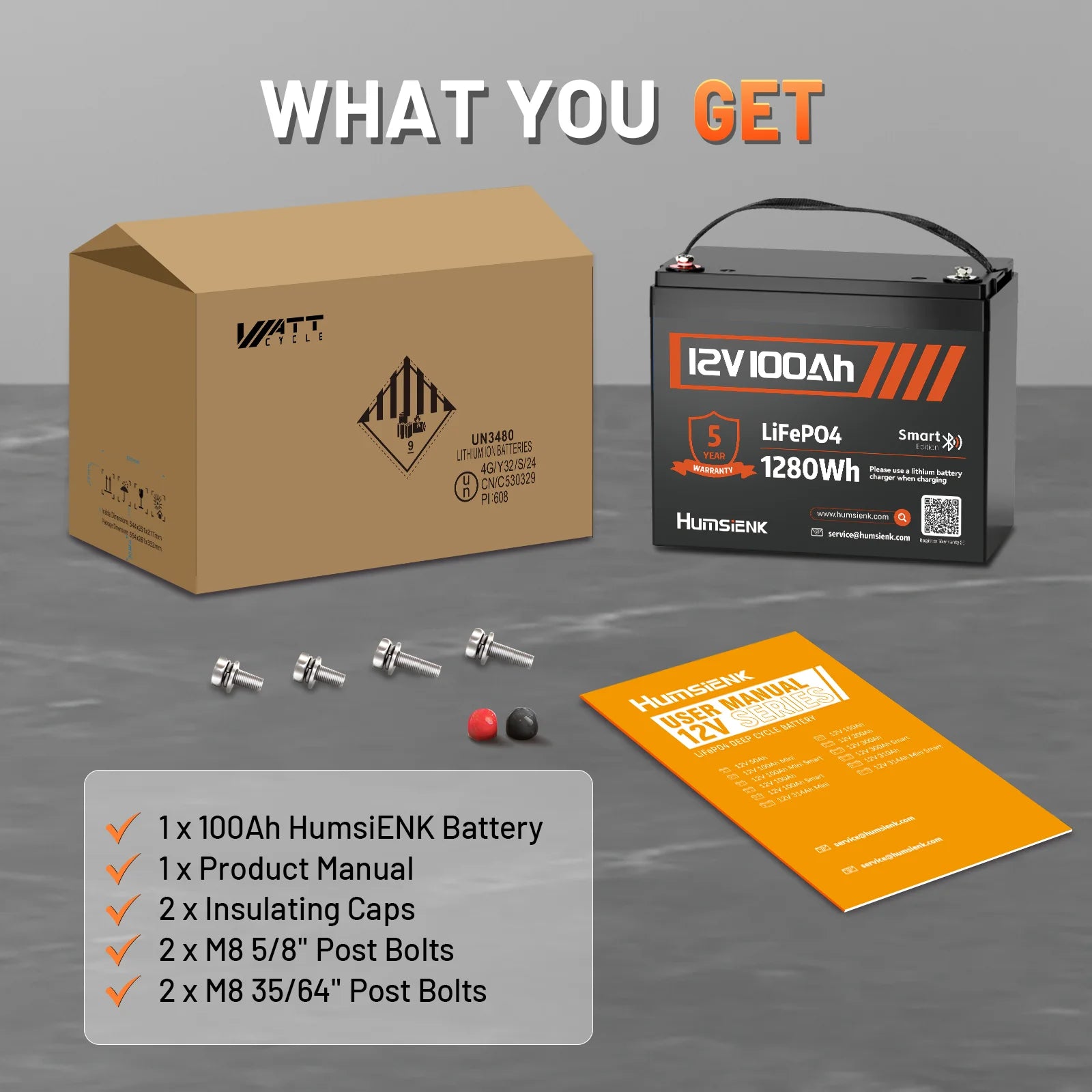 Humsienk 12V 100Ah Bluetooth LiFePO4 Battery with Smart App for Solar