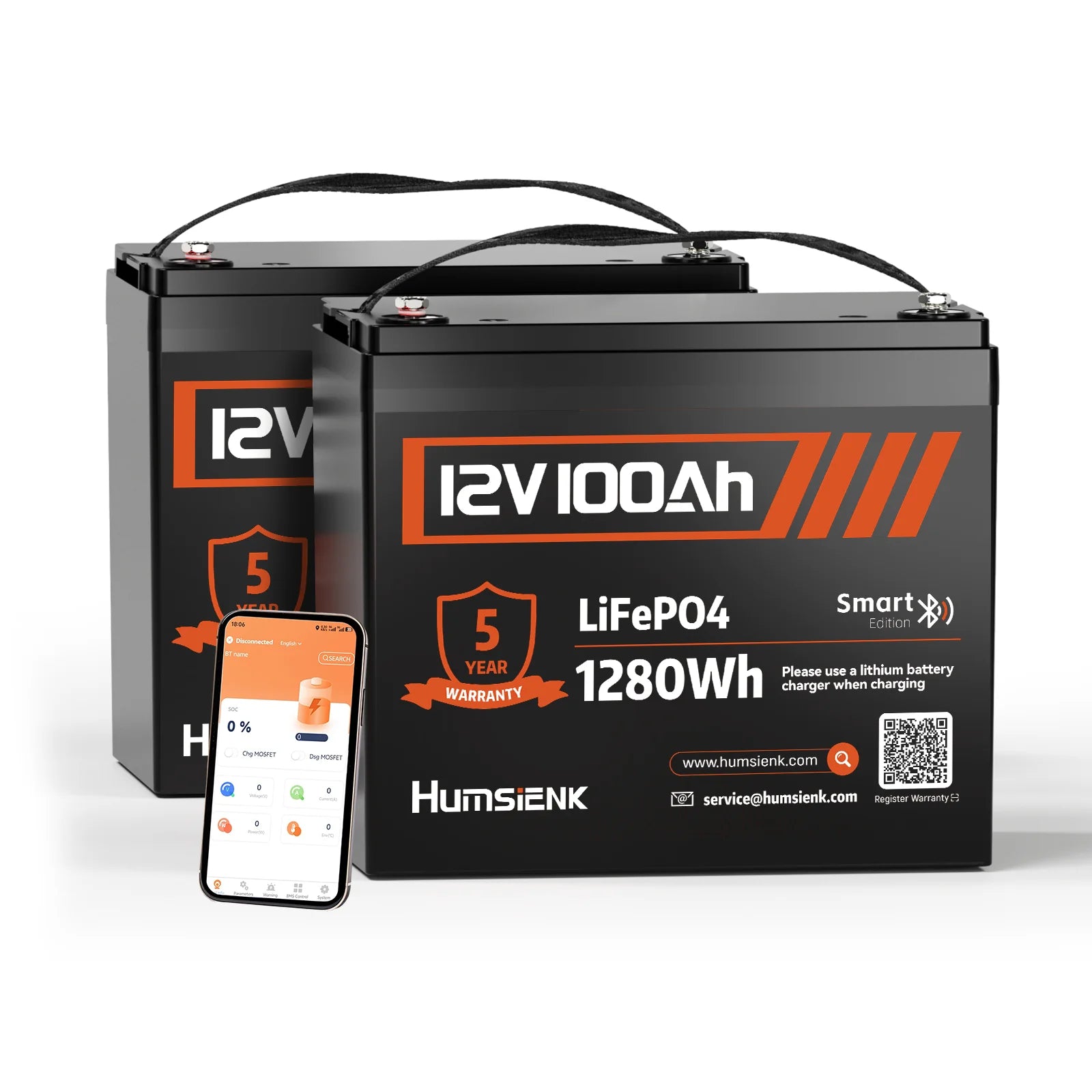 Humsienk 12V 100Ah Bluetooth LiFePO4 Battery with Smart App for Solar