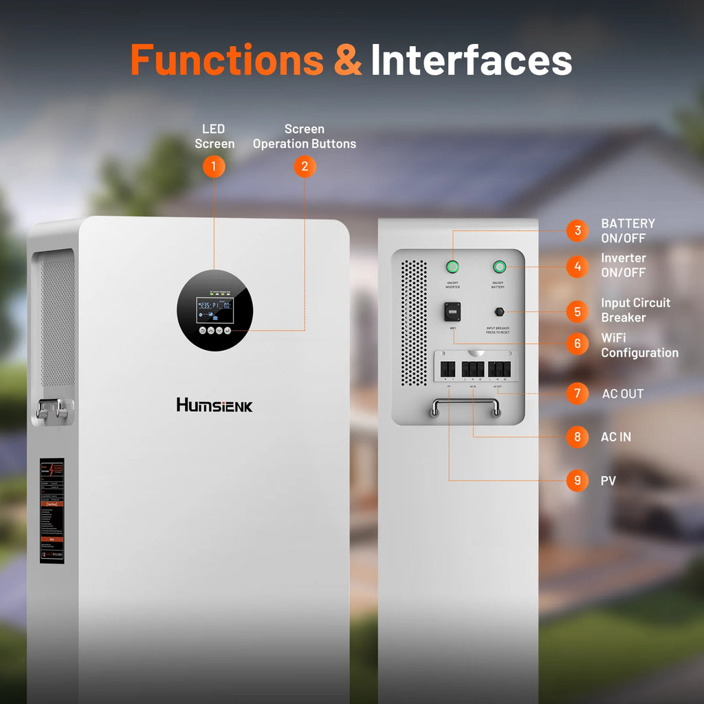Humsienk 5kW 5.12kWh All-In-One Solar System (5kW Pure Sine Wave Inverter + 5.12kWh LiFePO4 Battery) with <20ms UPS for Home Power Backup