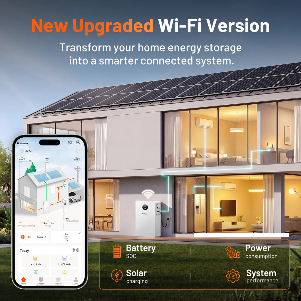 Humsienk 5kW 5.12kWh All-In-One Solar System (5kW Pure Sine Wave Inverter + 5.12kWh LiFePO4 Battery) with <20ms UPS for Home Power Backup