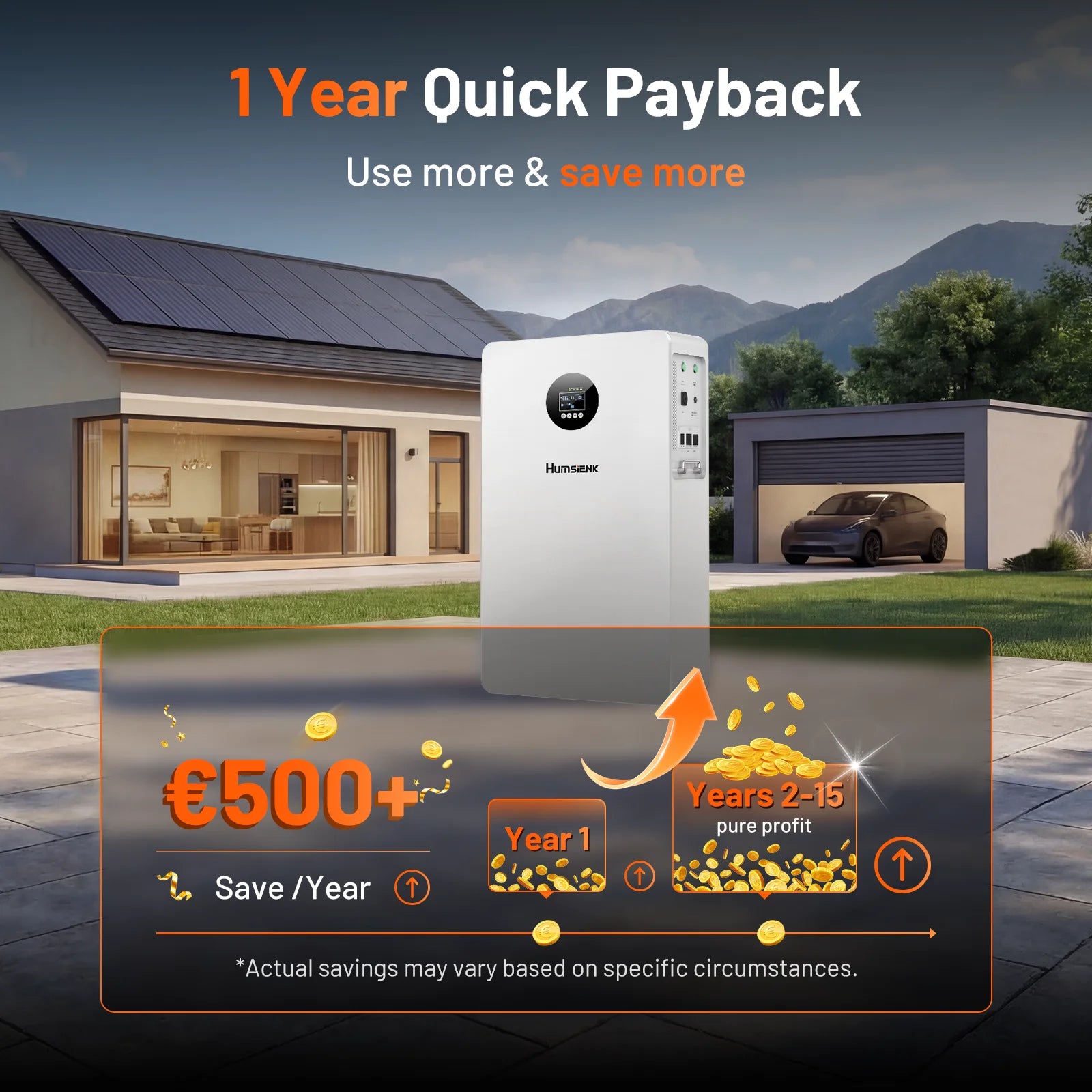 Humsienk 5kW 5.12kWh All-In-One Solar System (5kW Pure Sine Wave Inverter + 5.12kWh LiFePO4 Battery) with <20ms UPS for Home Power Backup