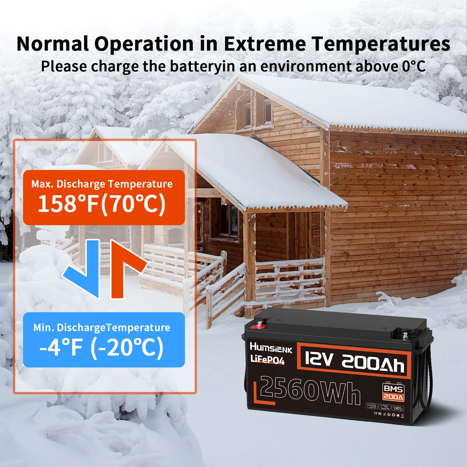 Humsienk 12V 200Ah LiFePO4 Battery Low-temp Protection